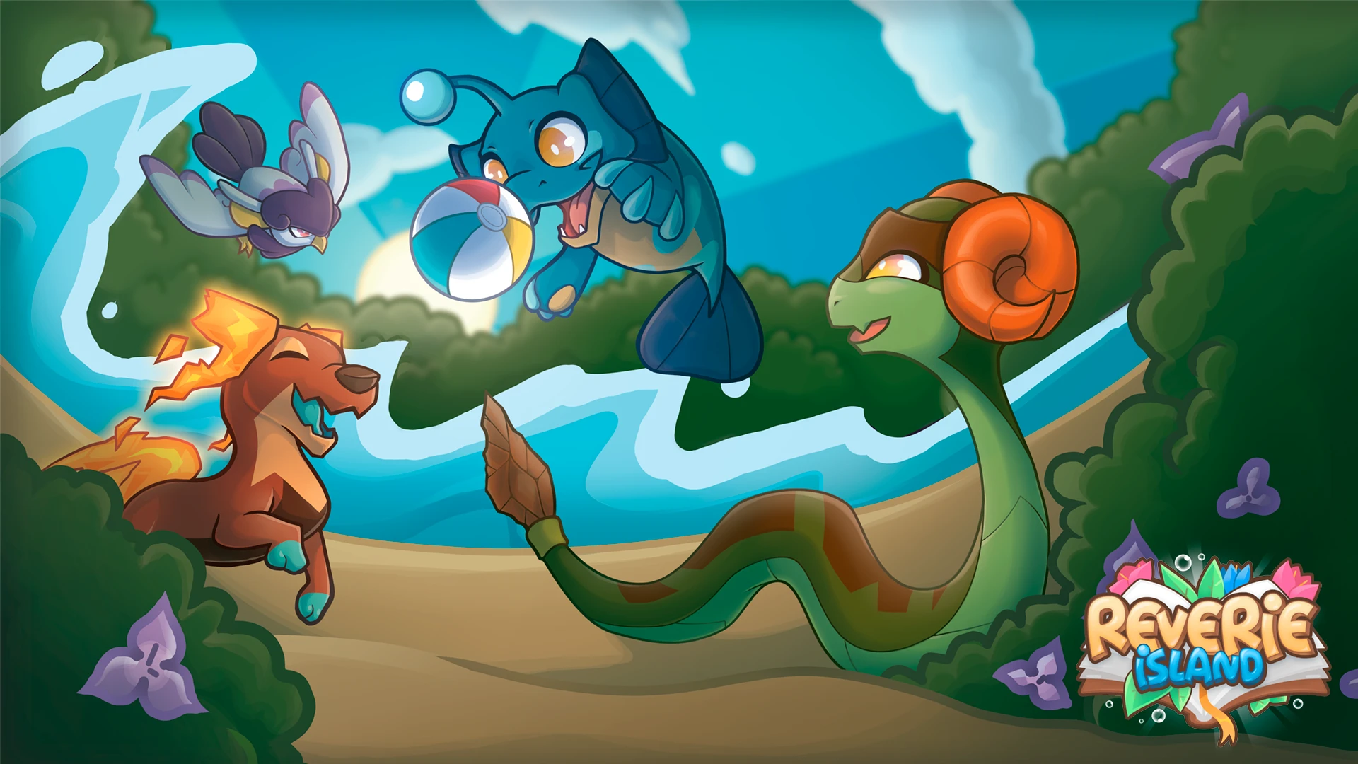 Ilustración promocional de Reverie Island: cuatro criaturas juegan con una pelota en una playa.