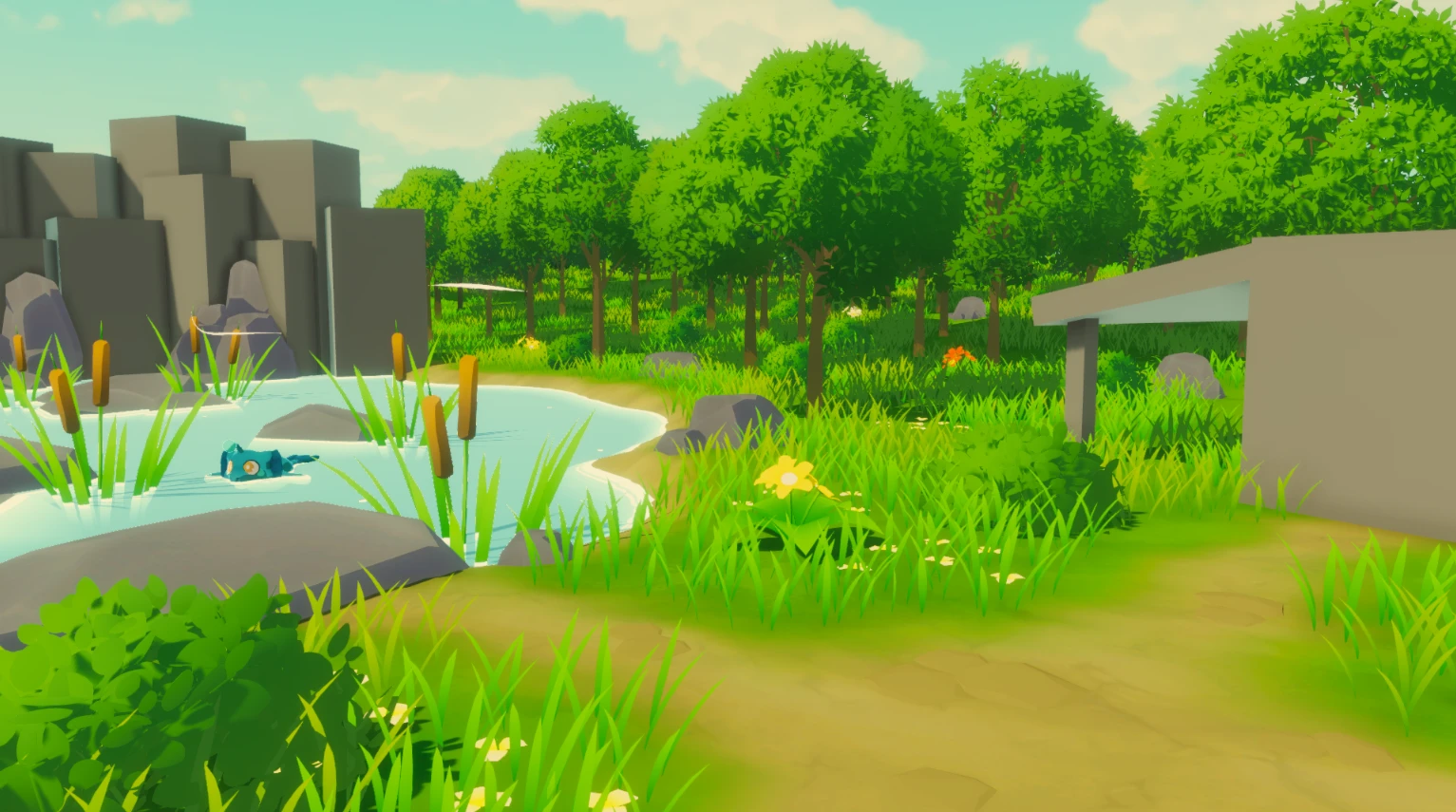 Escena del juego: un estanque con juncos junto a un bosque low-poly.